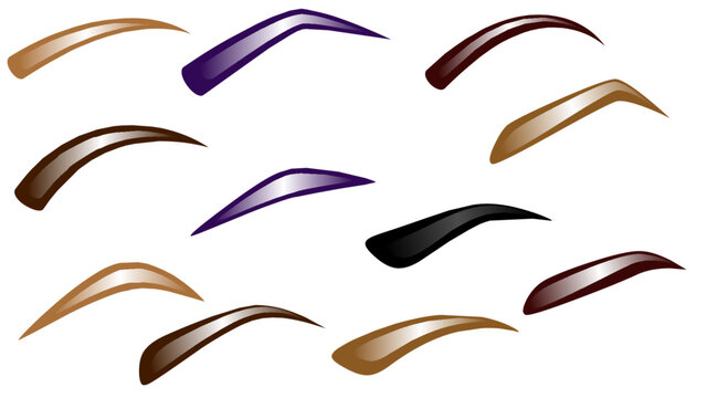 Eyebrow shapes. Various types of eyebrows. Classic type and other. Trimming. Vector illustration with different thickness of brows. Set with captions. Makeup ..