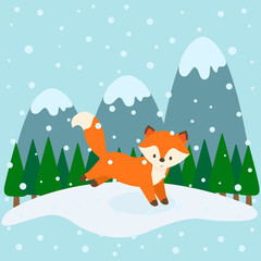 This is a fox in the forest. Winter season.
