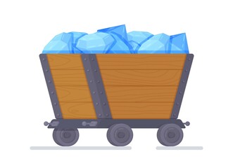 Retro wooden diamond wagon. Vector illustration of an isolated wagon with collected booty on a white background. Work in the mine.