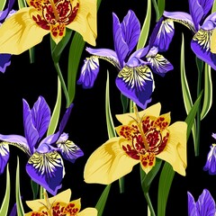 Seamless pattern with hand drawn yellow tigridia and irys flowers on black background. - obrazy, fototapety, plakaty