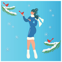 Delicate card with a Cute girl dressed as a Snow Maiden. A young woman in a winter forest communicates cutely with waxwings. Atmospheric vector illustration that creates a festive mood. Cartoon style.
