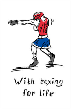 vector image of a boxer. freehand drawing.
white red blue black. with boxing for life. print