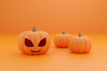 3d render pumpkin. Minimal concept. Holiday decoration, bright orange yellow pumpkin for celebration halloween