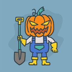 Pumpkin character holding shovel and smiling. Hand drawn character. Vector illustration