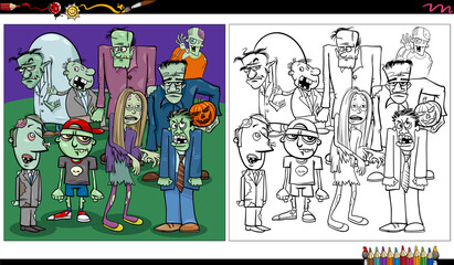 cartoon Halloween zombies characters group coloring book page