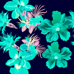 Azure Watercolor Illustration. Green Flower Illustration. Navy Seamless Design. Indigo Hibiscus Illustration. Pattern Backdrop. Tropical Set. Fashion Background. Art Backdrop.