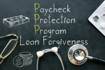 Paycheck Protection Program PPP loan forgiveness is shown on the business photo using the text - obrazy, fototapety, plakaty