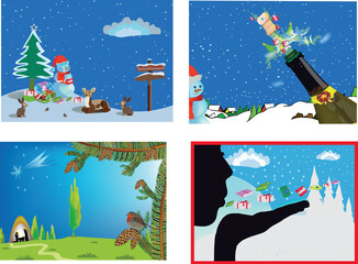 snowy Christmas landscapes with crib and snowman