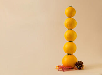 Modern autumn fall concept with yellow pumpkin squash balanced vertical. Copy space.