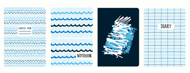 Cover page templates with hand drawn gridlines, wavy line, abstract brush strokes. Based on seamless patterns. Backgrounds for notebooks, notepads, diaries. Headers isolated and replaceable