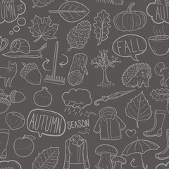 Autumn Pattern. Seamless Background Symbols. Fall Season Doodle Drawn Sketch Hand Made Design Vector.