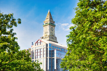 Fototapeta na wymiar Panoramic view of the Quincy Market area with the Customs House tower clock, Boston, Massachusetts, USA
