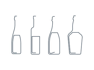 Bottle continuous line champagne, vodka, whiskey and wine in linear style on white background. Solid black thin outline. Modern flat style graphic design. Logo element illustration. Contour symbol.