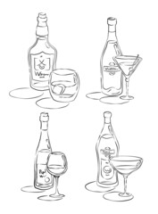 Bottle and glass whiskey, vermouth, red wine, martini together in hand drawn style. Beverage outline icon. Restaurant illustration for celebration design. Line art sketch. Black contour object.