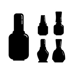 Cosmetic container nail polish. Female makeup product. Five plastic or glass bottle. Fashion and style. Black silhouette. Clean object. Illustration isolated white background