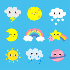 Cute weather items set of cartoon style isolated Vector.