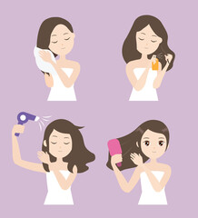 The girl daliy care hair routine. Set of young woman care and treatment her hair  with hair dryer and comb Vector.