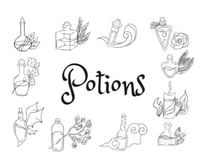 Doodle set of magic potions. Collection of witch elixirs and brew in different bottles. Black and white vector objects on isolated background.