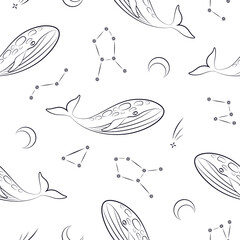 whales and constellations space seamless pattern on white background