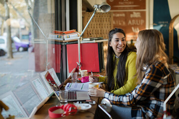 Young female college students studying in cafe