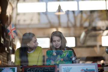 Fototapeta na wymiar Young female college students studying at laptop in cafe window
