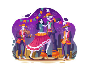 Couple of skulls dancing together to music in celebration of Dia De Los Muertos. Day Of Dead Traditional Mexican Halloween Holiday Party. Flat vector illustration