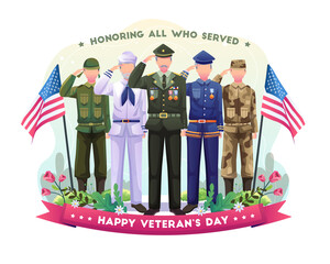 Army veterans of various forces are celebrating, saluting, and honoring Veterans Day. Flat vector illustration