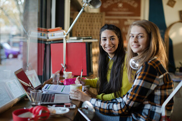 Portrait smiling female college students studying at laptop in cafe