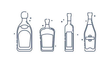 Bottle tequila vodka liquor martini line art in flat style. Restaurant alcoholic illustration for celebration design. Design contour element. Beverage outline icon. Isolated on white backdrop