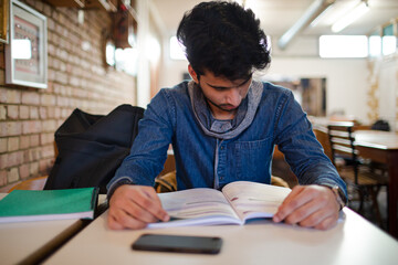 Focused young male college student studying in cafe