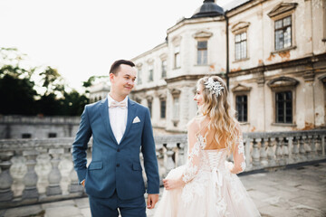 Obraz premium Sunshine portrait of happy bride and groom near old historical castle