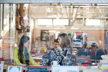Smiling female college students studying at cafe window