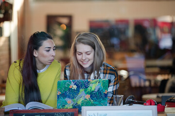 Young female college students studying at laptop in cafe window