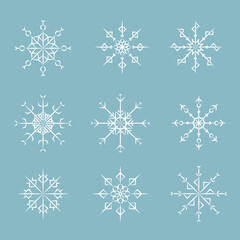 Fototapeta na wymiar Set of winter snowflakes isolated on blue background. Celebration decor. Vector illustration.