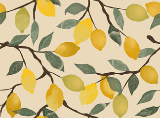 Seamless pattern with lemon tree. Vector textured illustration.