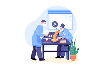 Medical research team working on Covid-19 vaccine Illustration concept. Flat illustration isolated on white background.