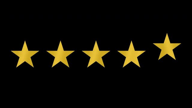 Golden five-star rating animation on black background