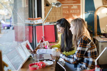 Young female college students studying in cafe