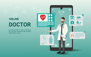Fototapeta na wymiar Online doctor and online tele medicine with male therapist on mobile phone screen. Online healthcare service. Medical consultation and treatment via application of smartphone. 3D vector