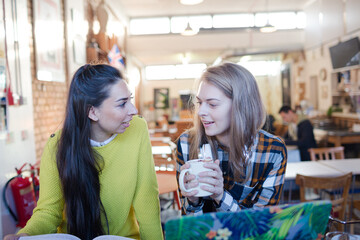 Young female college students studying at laptop in cafe window