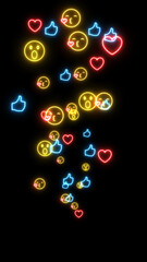 A steady upward stream of like, love, OMG and kiss neon emojis. Overlay graphic effect, black background for screen blending. For social media or other digital media. - obrazy, fototapety, plakaty
