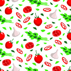 Vector seamless pattern: red, fresh, ripe tomatoes whole and sliced, green basil, garlic.  Flat design with vegetables, ingredients for cooking, For textile, walpaper, wrapping paper.