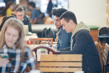 Smiling young woman using smart phone in cafe