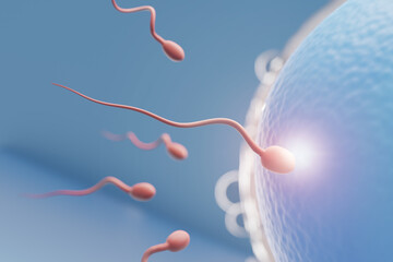 Close up of Sperm swimming towards the blue egg in a blue background. 3D Illustration Rendering. - obrazy, fototapety, plakaty