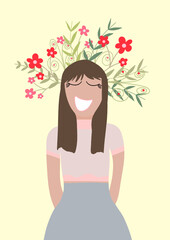 ilustración vectorial mujer contenta con flores alrededor