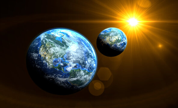 Orange sunrise on the two earth rotate in space with star in universe. World realistic atmosphere 3D volumetric clouds texture surface.  Elements of this image are furnished by NASA - Powered by Adobe