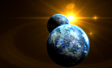 Orange sunrise on the two earth rotate in space with star in universe. World realistic atmosphere 3D volumetric clouds texture surface.  Elements of this image are furnished by NASA