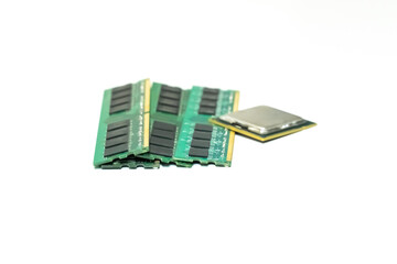 laptop memory module and processor on white isolated background