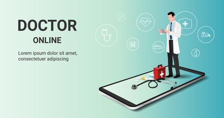 Online doctor consultation with male therapist on mobile phone. Online healthcare service, Medical consultation and treatment, Ask doctor. Digital health concept. 3D vector - obrazy, fototapety, plakaty