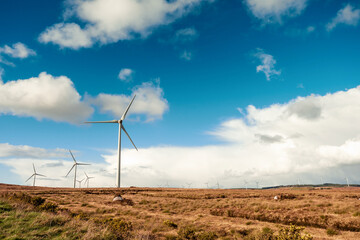Wind electricity generators in an open field. Warm sunny day. Cloudy sky. Green power production concept. County Galway, Ireland.